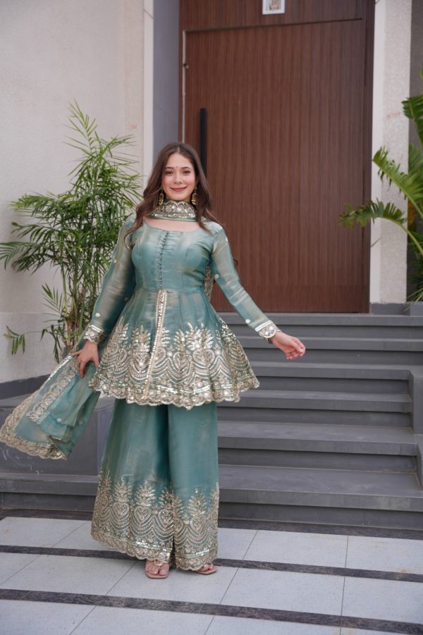 Firozi Fendy Satin Silk Embroidery Mirror Work Gown