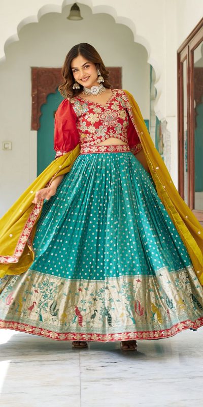 Ram 104 Firozi mono silk Lehenga Choli Perfect for Wedding, Party, Anniversary, Onam, Ethnic Day – . Festive Deal ₹3149. Delivery 4-6 Working Days. | Bollywood Lehenga, Creative Lehenga, Designer Lehenga, Embroidered Lehenga, Lehenga, Party Wear Lehenga