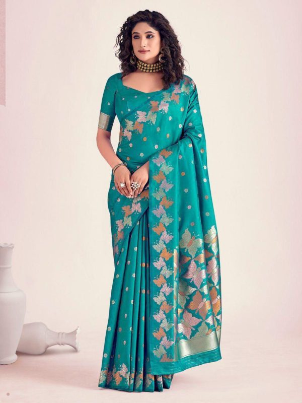 Firozi Soft Lichi Silk Border Lace Work Saree