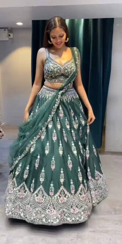 KF 1623 Green Faux Georgette with Cut Work Lehenga Choli . Wedding, Party, Festive, Events, Delivery 4-6 Working Days. Shop now. | Bollywood Lehenga, Creative Lehenga, Designer Lehenga, Embroidered Lehenga, Lehenga, Party Wear Lehenga