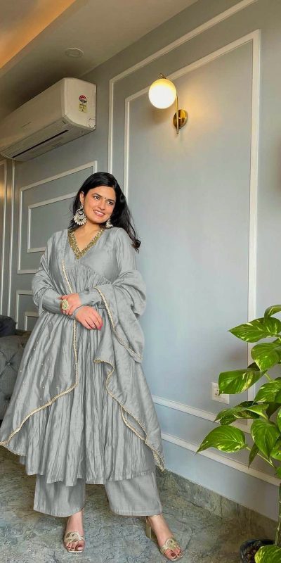 AD 152 Grey Color Pure Chinon Silk Embroidery Gown Fancy Full Sleeve Wedding, Party, Festive, Events Etc. Expected Delivery  4-6 Working Days @1799/ | Casual Suits, Jump Suits, Creative suits, Designer Suits, Palazzo Suits, Party Wear Suits, Patiala Suits, Salwar suit, Straight Suits