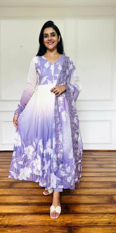 ZF 431 Lavender Faux Georgette Gown with Embroidery Work & Digital Print. Best Price ₹2049. Delivery 4-6 Working Days. Shop now. | Casual Suits, Jump Suits, Creative suits, Designer Suits, Palazzo Suits, Party Wear Suits, Patiala Suits, Salwar suit, Straight Suits