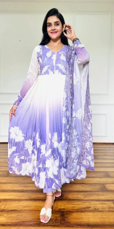 ZF 431 Lavender Faux Georgette Gown with Embroidery Work & Digital Print. Best Price ₹2049. Delivery 4-6 Working Days. Shop now. | Casual Suits, Jump Suits, Creative suits, Designer Suits, Palazzo Suits, Party Wear Suits, Patiala Suits, Salwar suit, Straight Suits