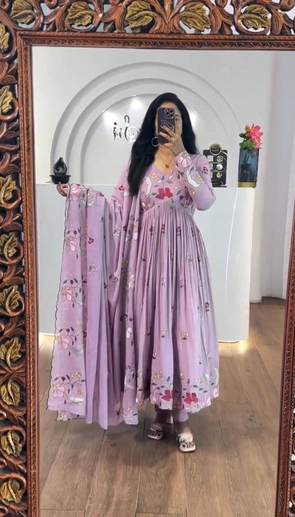 Lavender Fox Georgette With Thread Embroidery Gown