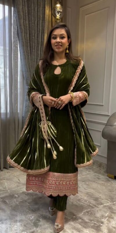 VLM 241 Mahendi in Crash Viscose Velvet Embroidery Work Salwar Suit . Affordable Price ₹2399. Delivery 4-6 Working Days. Shop now. | Casual Suits, Jump Suits, Creative suits, Designer Suits, Palazzo Suits, Party Wear Suits, Patiala Suits, Salwar suit, Straight Suits