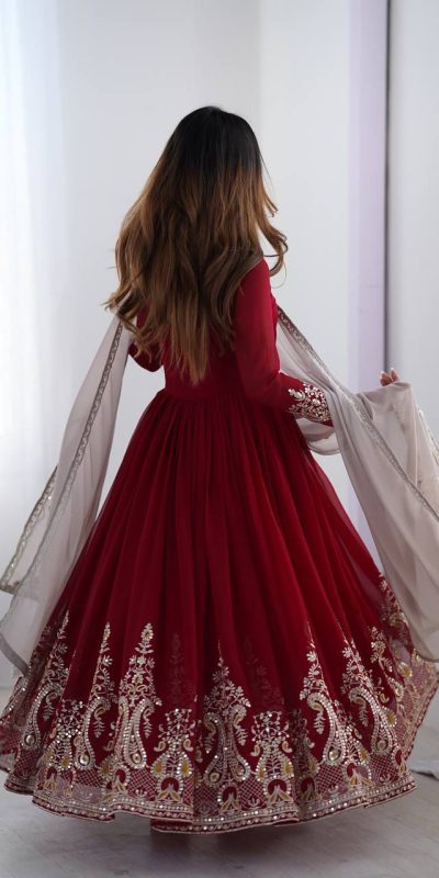 ZF 5008 Maroon Georgette Gown with Embroidery Work. Wedding, Party, Festive, Events, Special Price ₹2049. Delivery 4-6 Working Days. Shop now. | Casual Suits, Jump Suits, Creative suits, Designer Suits, Palazzo Suits, Party Wear Suits, Patiala Suits, Salwar suit, Straight Suits