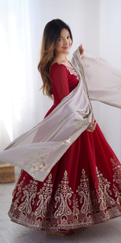 ZF 5008 Maroon Georgette Gown with Embroidery Work. Wedding, Party, Festive, Events, Special Price ₹2049. Delivery 4-6 Working Days. Shop now. | Casual Suits, Jump Suits, Creative suits, Designer Suits, Palazzo Suits, Party Wear Suits, Patiala Suits, Salwar suit, Straight Suits