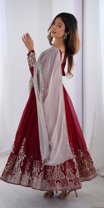 ZF 5008 Maroon Georgette Gown with Embroidery Work. Wedding, Party, Festive, Events, Special Price ₹2049. Delivery 4-6 Working Days. Shop now. | Casual Suits, Jump Suits, Creative suits, Designer Suits, Palazzo Suits, Party Wear Suits, Patiala Suits, Salwar suit, Straight Suits