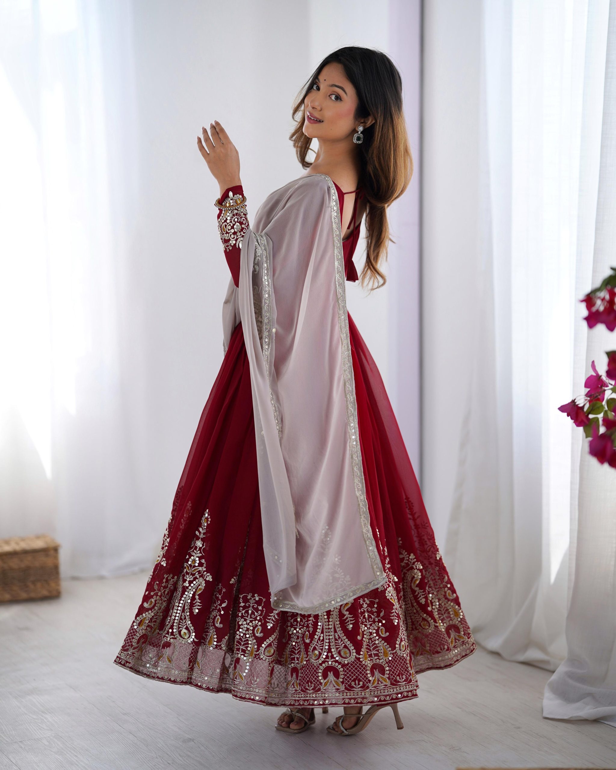 ZF 5008 Maroon Georgette Gown with Embroidery Work. Wedding, Party, Festive, Events, Special Price ₹2049. Delivery 4-6 Working Days. Shop now. | Casual Suits, Jump Suits, Creative suits, Designer Suits, Palazzo Suits, Party Wear Suits, Patiala Suits, Salwar suit, Straight Suits