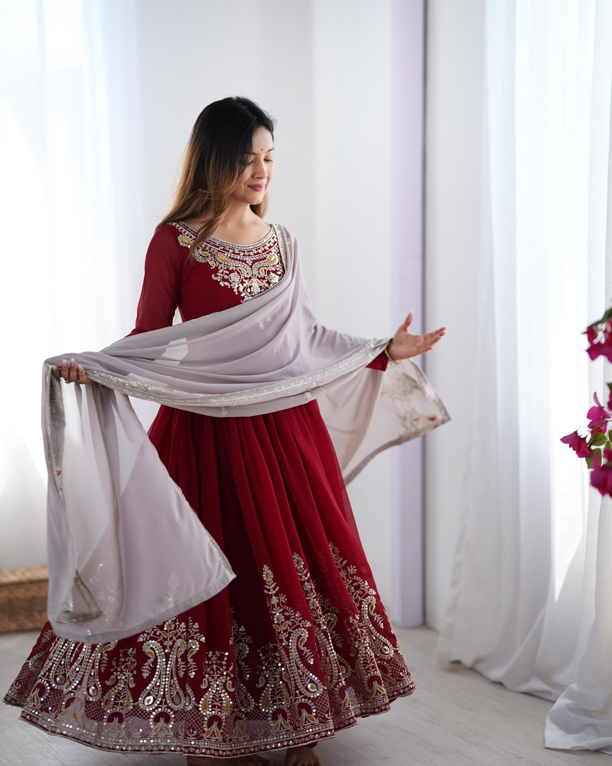 ZF 5008 Maroon Georgette Gown with Embroidery Work. Wedding, Party, Festive, Events, Special Price ₹2049. Delivery 4-6 Working Days. Shop now. | Casual Suits, Jump Suits, Creative suits, Designer Suits, Palazzo Suits, Party Wear Suits, Patiala Suits, Salwar suit, Straight Suits