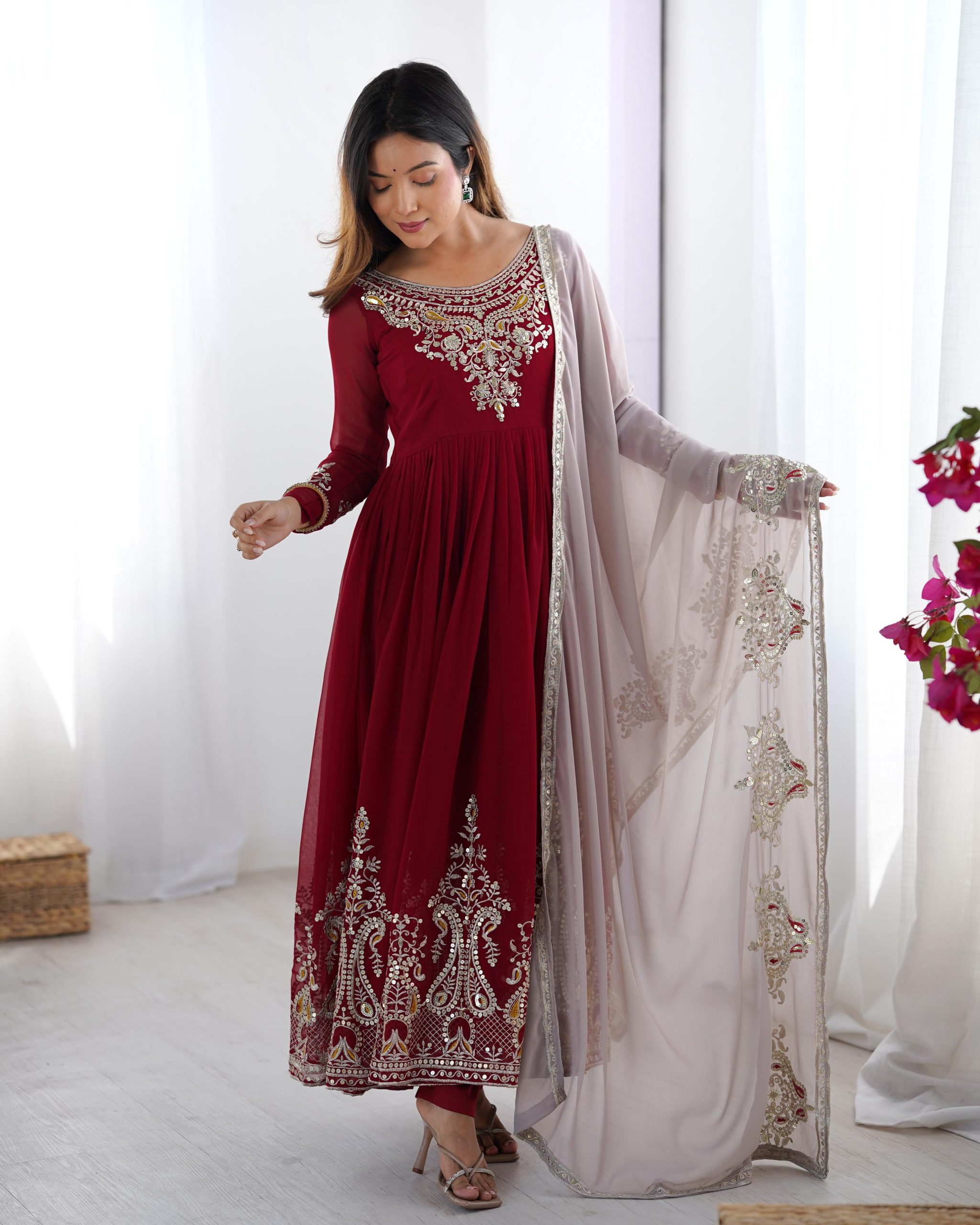 ZF 5008 Maroon Georgette Gown with Embroidery Work. Wedding, Party, Festive, Events, Special Price ₹2049. Delivery 4-6 Working Days. Shop now. | Casual Suits, Jump Suits, Creative suits, Designer Suits, Palazzo Suits, Party Wear Suits, Patiala Suits, Salwar suit, Straight Suits