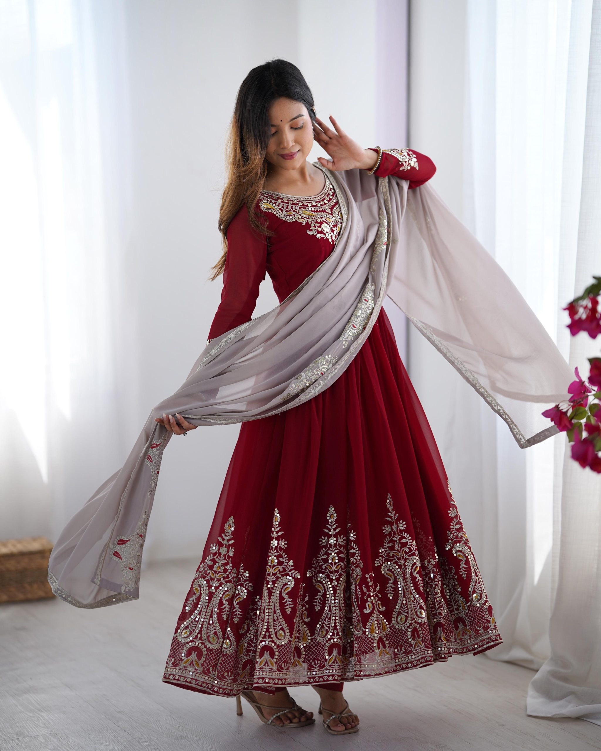 ZF 5008 Maroon Georgette Gown with Embroidery Work. Wedding, Party, Festive, Events, Special Price ₹2049. Delivery 4-6 Working Days. Shop now. | Casual Suits, Jump Suits, Creative suits, Designer Suits, Palazzo Suits, Party Wear Suits, Patiala Suits, Salwar suit, Straight Suits