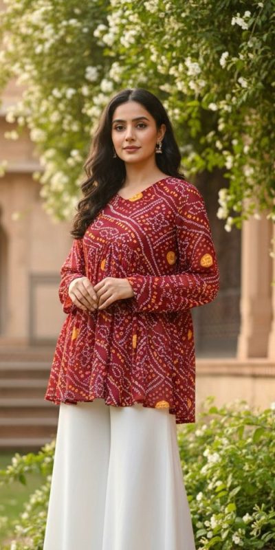 INLI Bandhej Maroon Color Pure Georgette Kurti with Designer Work. Wedding, Party, Festive, Events Best Price ₹1349. Delivery 4-6 Working Days. Shop now. | Bollywood Kurti, Creative Kurtis, Designer Kurti, Kurti, Party Wear Kurti, Selfie Kurti