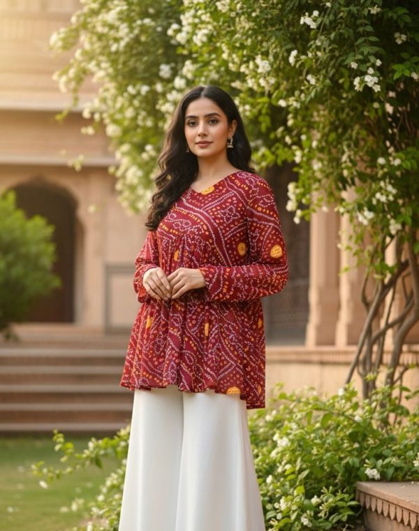INLI Bandhej Maroon Color Pure Georgette Kurti with Designer Work. Wedding, Party, Festive, Events Best Price ₹1349. Delivery 4-6 Working Days. Shop now. | Bollywood Kurti, Creative Kurtis, Designer Kurti, Kurti, Party Wear Kurti, Selfie Kurti