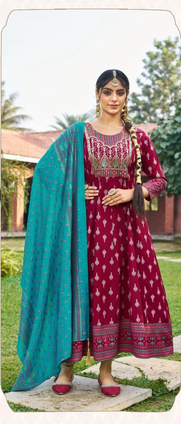 Maroon Rayon Embroidery Work Gown