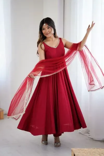 KB 285 Maroon in Roman Silk Chanderi Mirror Work & Lace Work Gown . Best Price ₹1929. Delivery 4-6 Working Days. Shop now. | Casual Suits, Jump Suits, Creative suits, Designer Suits, Palazzo Suits, Party Wear Suits, Patiala Suits, Salwar suit, Straight Suits