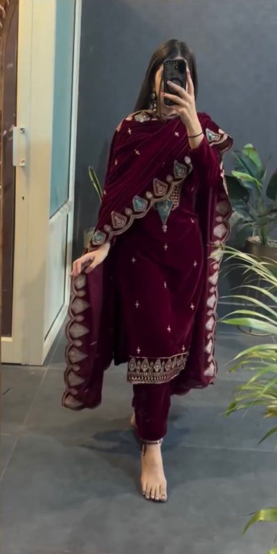 VLM 229 Maroon Viscose Velvet Salwar Suit Perfect for Wedding, Party, Cultural Events, Sangeet, Baby Shower – . Best Price ₹2149. Delivery 4-6 Working | Casual Suits, Jump Suits, Tops & Bottoms, Track Suits, Trendy Wear, Creative suits, Designer Suits, Palazzo Suits, Party Wear Suits, Patiala Suits, Salwar suit, Straight Suits