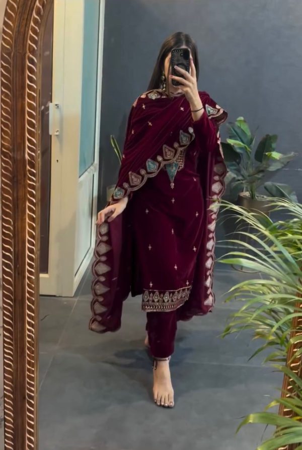 VLM 229 Maroon Viscose Velvet Salwar Suit Perfect for Wedding, Party, Cultural Events, Sangeet, Baby Shower – . Best Price ₹2149. Delivery 4-6 Working | Casual Suits, Jump Suits, Tops & Bottoms, Track Suits, Trendy Wear, Creative suits, Designer Suits, Palazzo Suits, Party Wear Suits, Patiala Suits, Salwar suit, Straight Suits