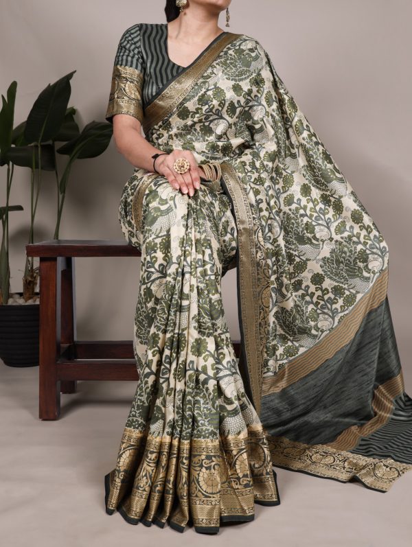 Mehandi Tasar Silk Lace Border Work Saree