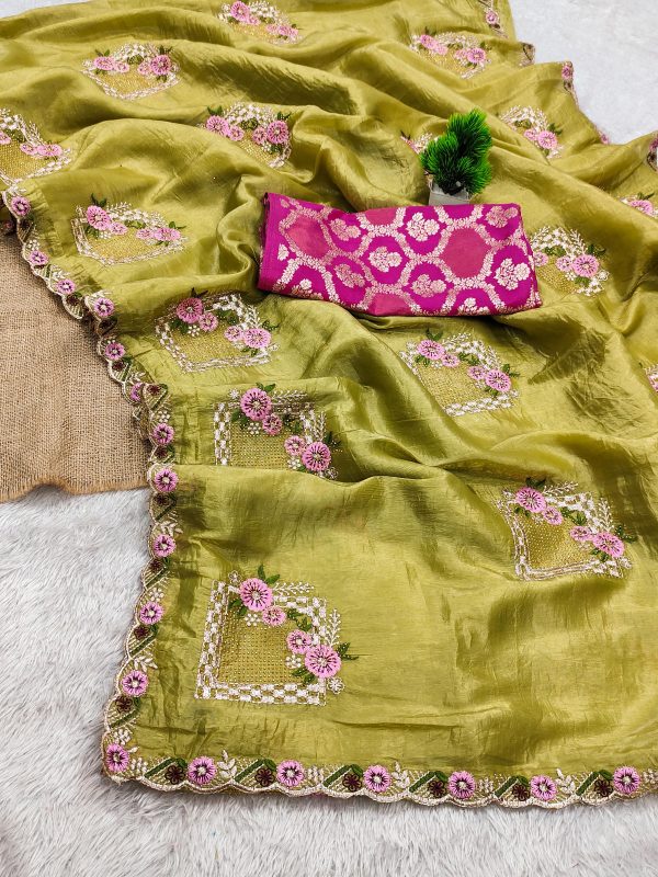 Mehendi Paper Silk Crush With Embroider Saree