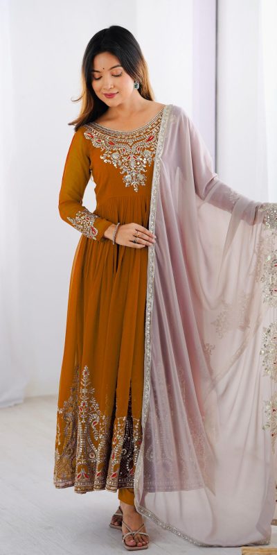 ZF 5008 White Mustered Gown with Embroidery Work. Wedding, Party, Festive, Events, Special Price ₹2049. Delivery 4-6 Working Days. Shop now. | Casual Suits, Jump Suits, Creative suits, Designer Suits, Palazzo Suits, Party Wear Suits, Patiala Suits, Salwar suit, Straight Suits