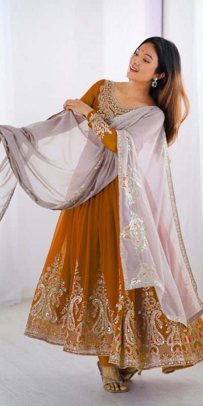 ZF 5008 White Mustered Gown with Embroidery Work. Wedding, Party, Festive, Events, Special Price ₹2049. Delivery 4-6 Working Days. Shop now. | Casual Suits, Jump Suits, Creative suits, Designer Suits, Palazzo Suits, Party Wear Suits, Patiala Suits, Salwar suit, Straight Suits