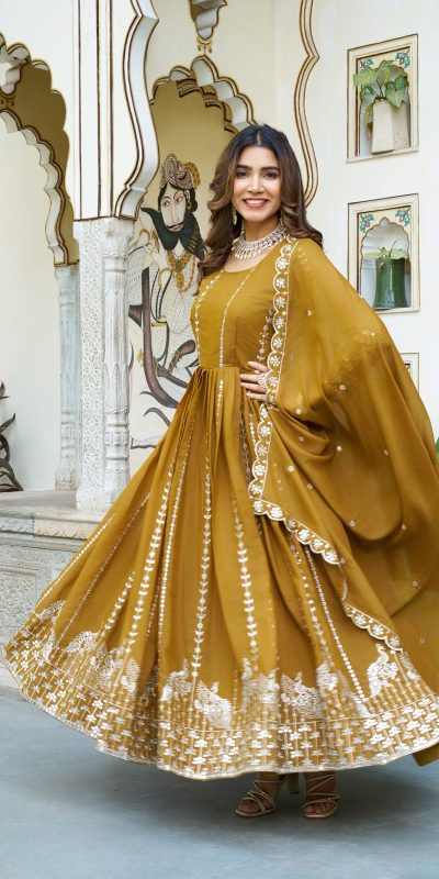 Ram 139 Mustered Star Georgette Gown Perfect for Wedding, Party, Family Gatherings, Haldi, Housewarming –. Grab it for ₹1949. Delivery 4-6 Working | Casual Suits, Jump Suits, Creative suits, Designer Suits, Palazzo Suits, Party Wear Suits, Patiala Suits, Salwar suit, Straight Suits