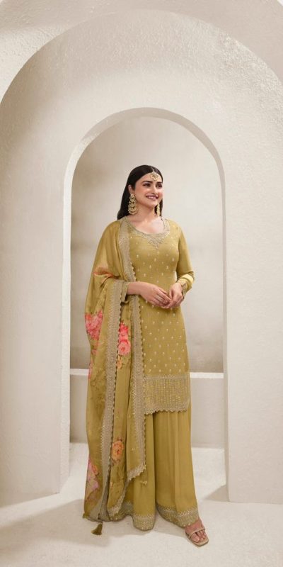 Mustered Viscose Chinon Embroidery Work Salwar Suit