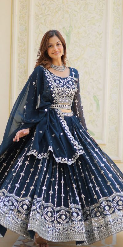 Ram 085 Navy Blue Color Fox Georgette Lehenga Choli with Embroidery Work. Grab it for ₹3049. Delivery 4-6 Working Days. Shop now. | Bollywood Lehenga, Creative Lehenga, Designer Lehenga, Embroidered Lehenga, Lehenga, Party Wear Lehenga