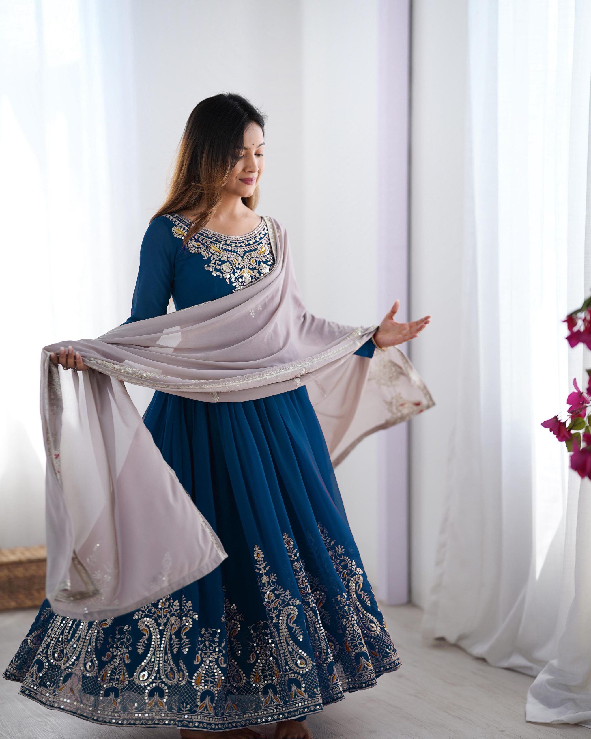 ZF 5008 Navy Blue Georgette Gown with Embroidery Work. Wedding, Party, Festive, Events, Special Price ₹2049. Delivery 4-6 Working Days. Shop now. | Casual Suits, Jump Suits, Creative suits, Designer Suits, Palazzo Suits, Party Wear Suits, Patiala Suits, Salwar suit, Straight Suits