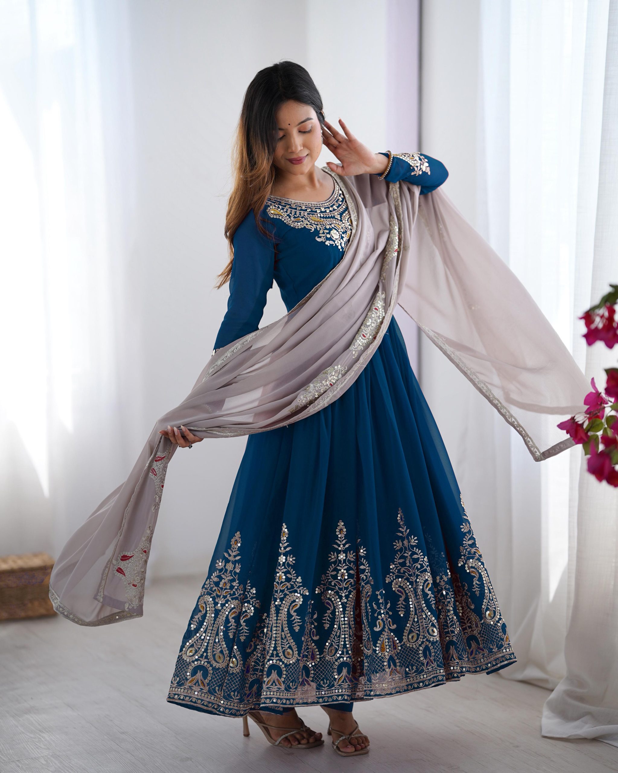 ZF 5008 Navy Blue Georgette Gown with Embroidery Work. Wedding, Party, Festive, Events, Special Price ₹2049. Delivery 4-6 Working Days. Shop now. | Casual Suits, Jump Suits, Creative suits, Designer Suits, Palazzo Suits, Party Wear Suits, Patiala Suits, Salwar suit, Straight Suits