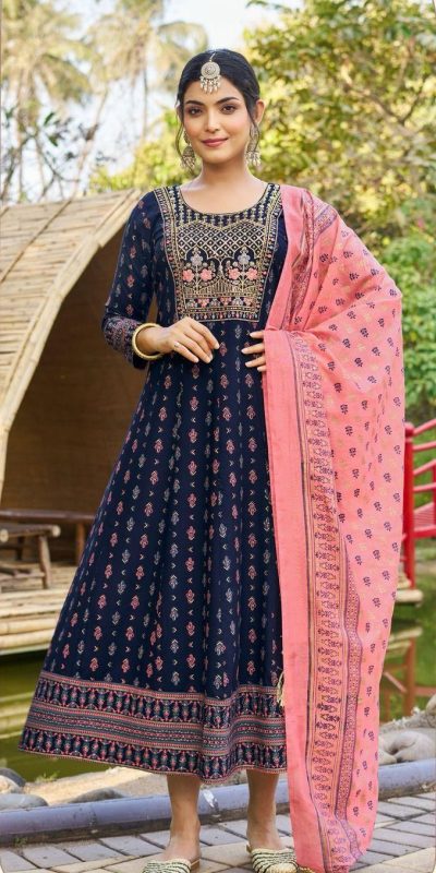 Navy Blue Rayon Embroidery Work Gown