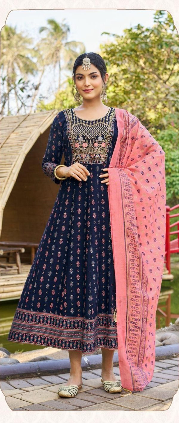 Navy Blue Rayon Embroidery Work Gown