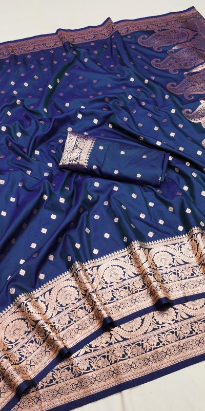 Navy Blue Soft Banarasi Silk Zari Lace Work Saree