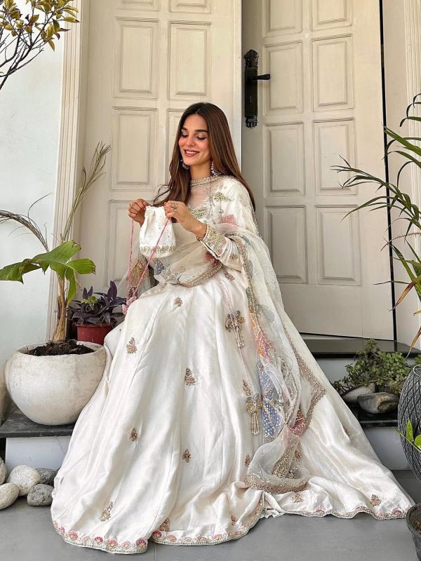 Off White Chinon Embroidery Lace Work Gown