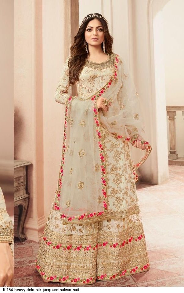 FC L.t 5401 Off White Color Jacquard Silk Georgette Diamond Sharara Suit Wedding, Party, Festive Expected Delivery 4-6 Working Days @2999/- | Casual Suits, Jump Suits, Creative suits, Designer Suits, Palazzo Suits, Party Wear Suits, Patiala Suits, Salwar suit, Straight Suits