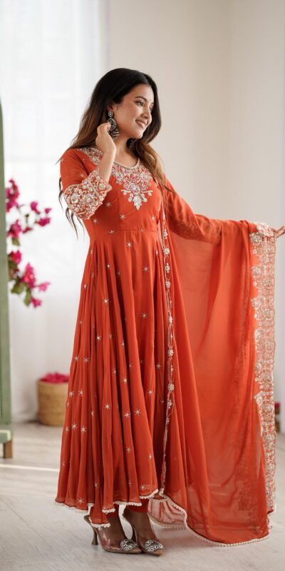 ZF 5012 Orange Blooming Faux Gown with Embroidery Work. Wedding, Party, Festive, Events Grab it for ₹2149. Delivery 4-6 Working Days. Shop now. | Bollywood Lehenga, Creative Lehenga, Designer Lehenga, Embroidered Lehenga, Lehenga, Party Wear Lehenga
