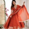 Orange Blooming Faux Embroidery Work Gown