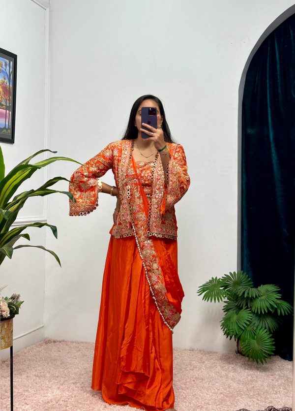 Orange Chinon Embroidery Lace Work Saree