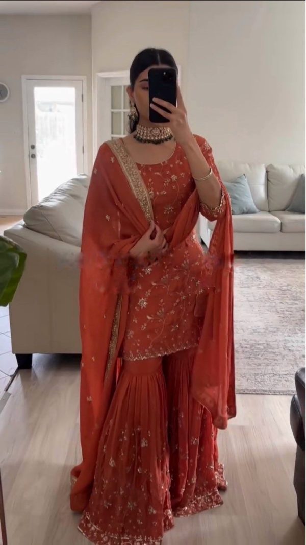 Orange Faux Georgette Lace Work Salwar Suit