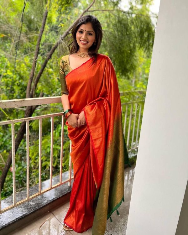 Orange Soft Lichi Silk Lace Work Border Saree