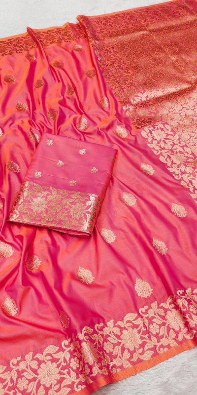 Peach Banarasi Silk Lace Zari Work Saree