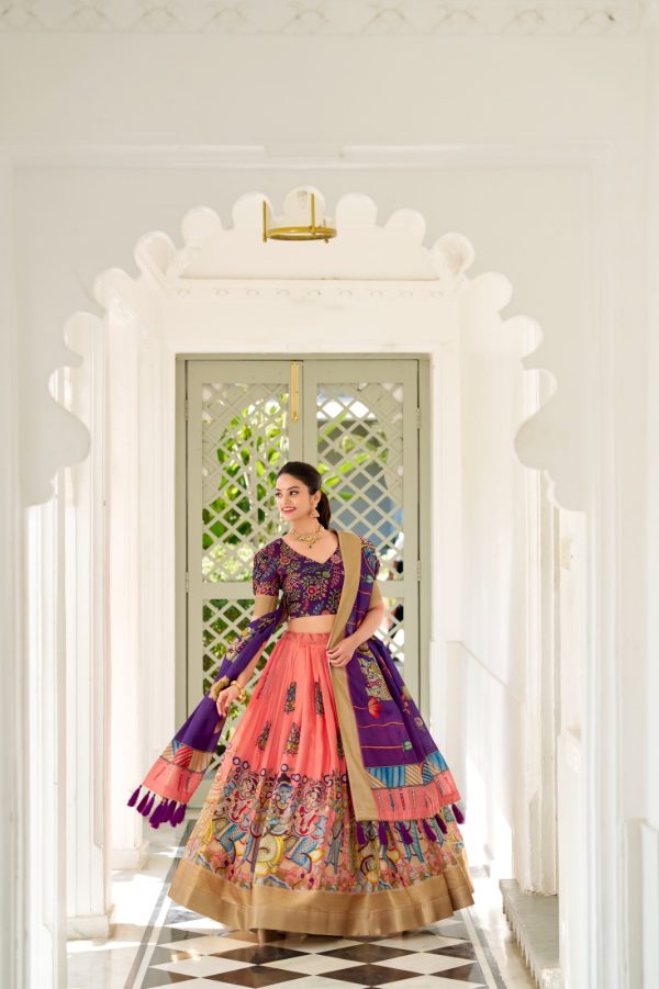 Peach Dola Silk Lace Work Kalamkari Print Lehenga Choli
