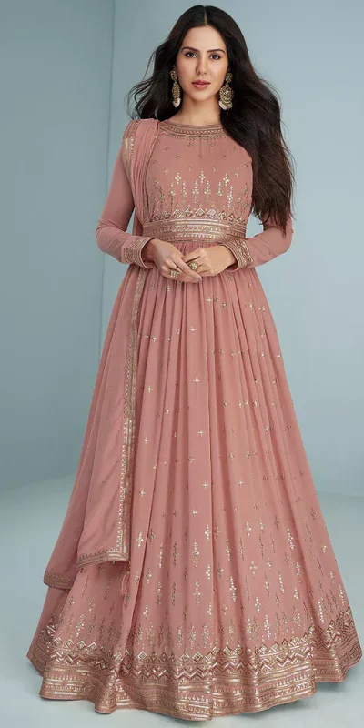 FC 9293 Peach Georgette Salwar Suit with Embroidery Work. Wedding, Party, Festive, Events, Now at just ₹2649. Delivery 4-6 Working Days. Shop now. | Casual Suits, Jump Suits, Creative suits, Designer Suits, Palazzo Suits, Party Wear Suits, Patiala Suits, Salwar suit, Straight Suits