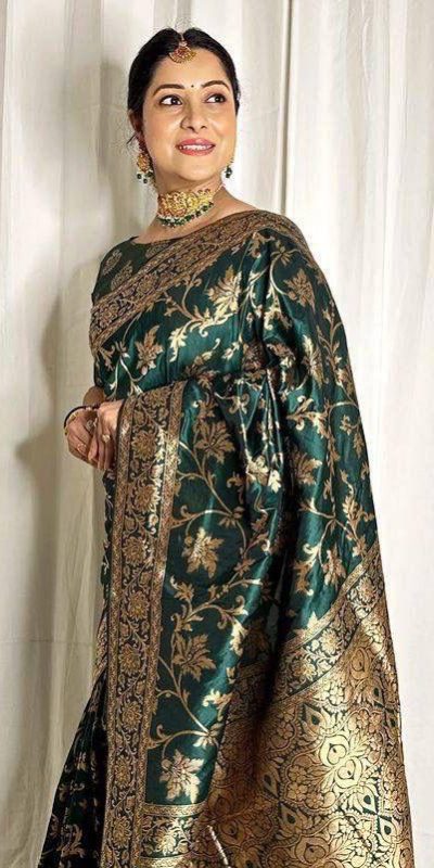Peacock Green Lichi Silk Lace Border Work Saree