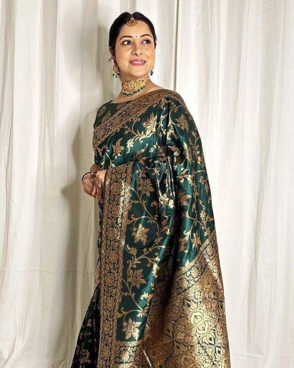 Peacock Green Lichi Silk Lace Border Work Saree