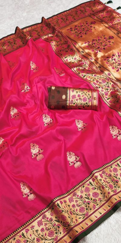 Pink Banarasi Silk Lace Work Zari Work Saree