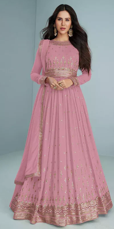 FC 9293 Pink Georgette Salwar Suit with Embroidery Work. Wedding, Party, Festive, Events, Now at just ₹2649. Delivery 4-6 Working Days. Shop now. | Casual Suits, Jump Suits, Creative suits, Designer Suits, Palazzo Suits, Party Wear Suits, Patiala Suits, Salwar suit, Straight Suits