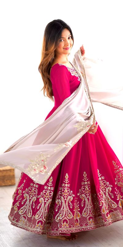 ZF 5008 Pink Georgette Gown with Embroidery Work. Wedding, Party, Festive, Events, Special Price ₹2049. Delivery 4-6 Working Days. Shop now. | Casual Suits, Jump Suits, Creative suits, Designer Suits, Palazzo Suits, Party Wear Suits, Patiala Suits, Salwar suit, Straight Suits