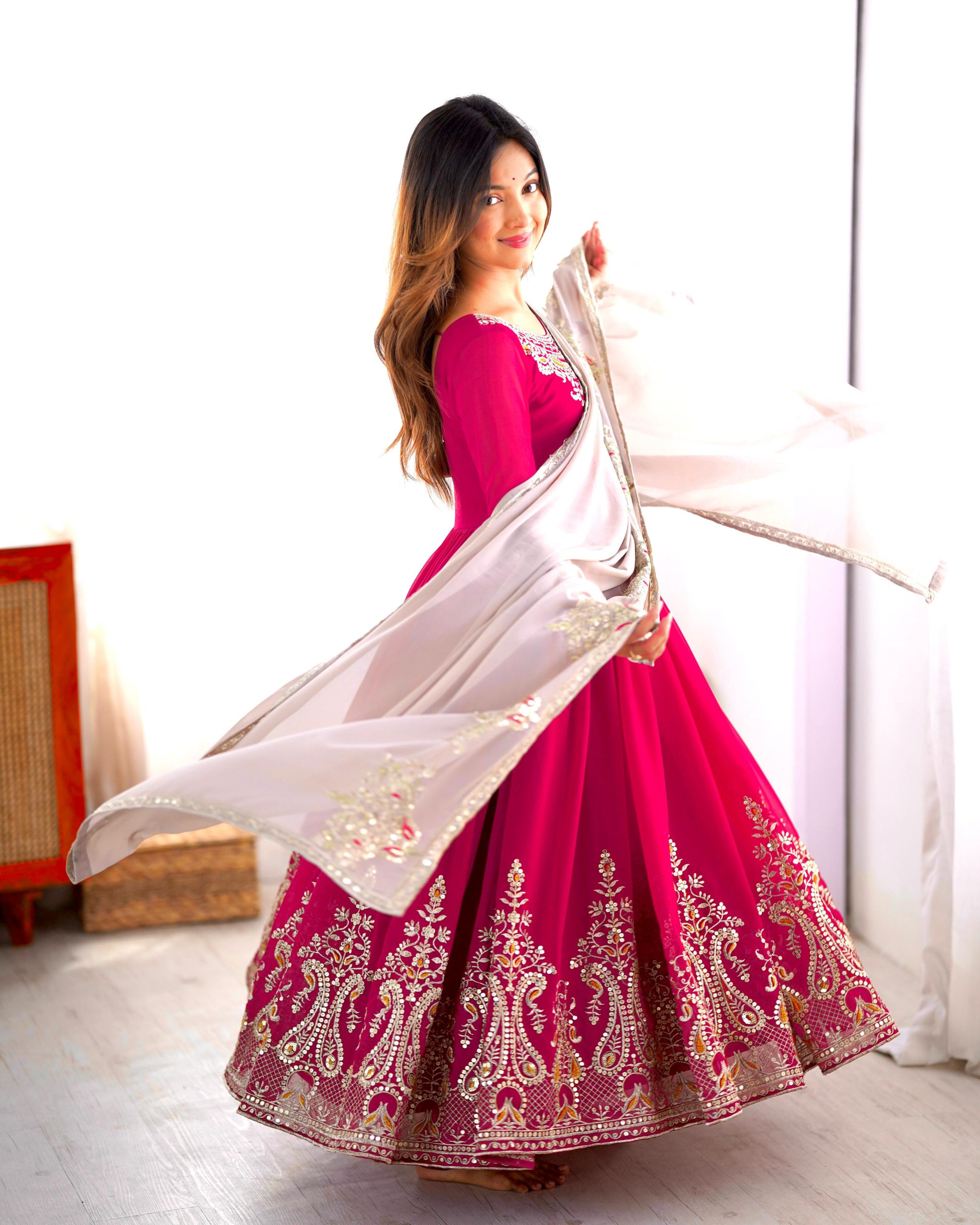 ZF 5008 Pink Georgette Gown with Embroidery Work. Wedding, Party, Festive, Events, Special Price ₹2049. Delivery 4-6 Working Days. Shop now. | Casual Suits, Jump Suits, Creative suits, Designer Suits, Palazzo Suits, Party Wear Suits, Patiala Suits, Salwar suit, Straight Suits